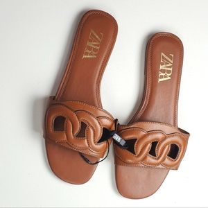 NWT Zara Brown Leather Slide Sandals